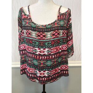 Boho Cold Shoulder Aztec Print Blouse Top Multicolor Pink‎ Green Size M